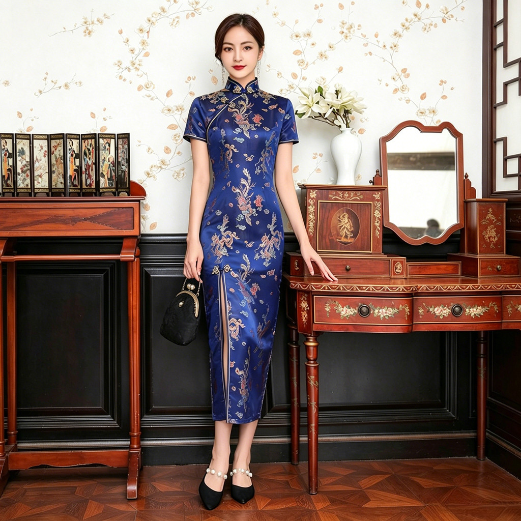 [Dsmyz] Đầm mỏng sườn xám dài màu xanh thanh lịch 2678