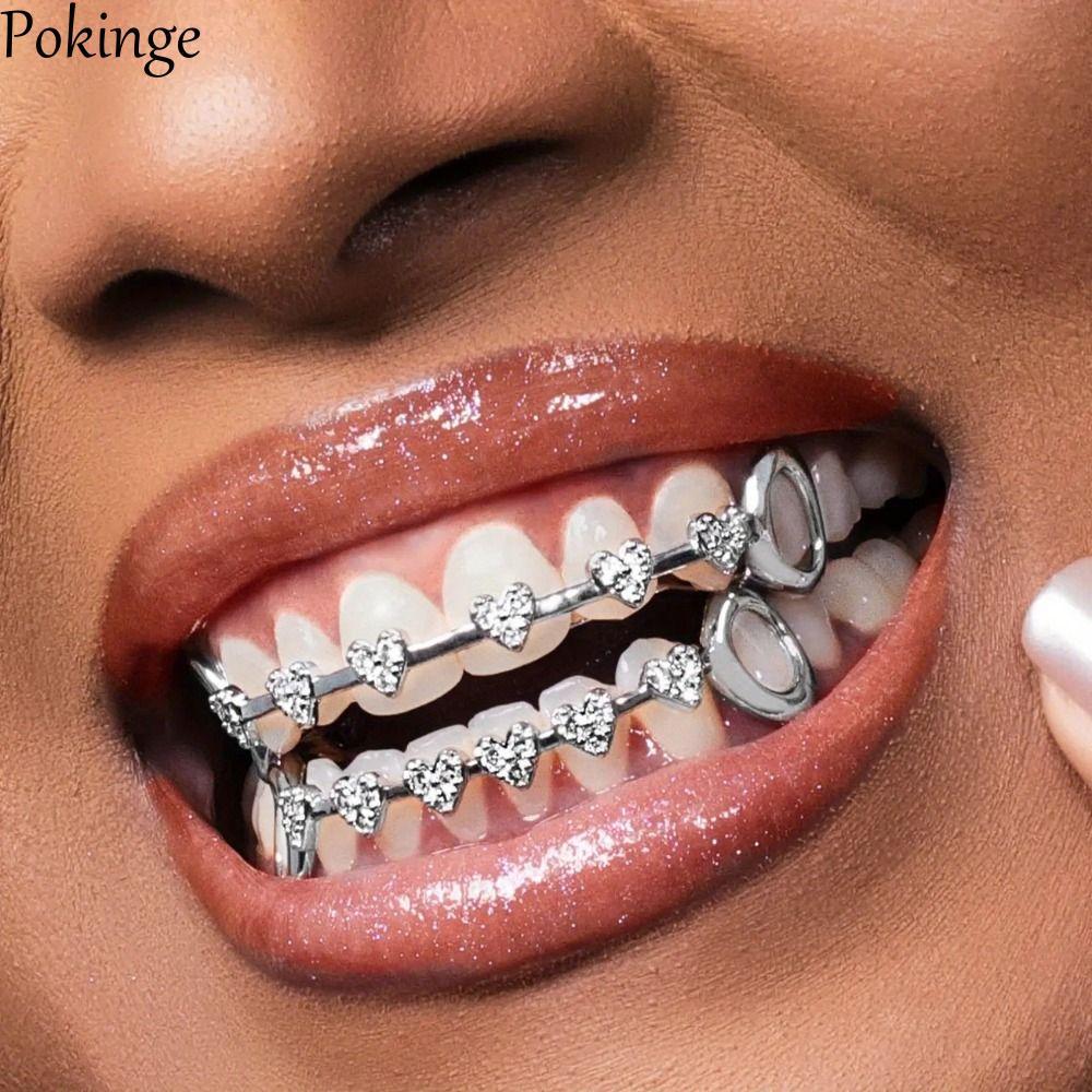 POKINGE Nha Khoa Lưới Tản Nhiệt, Kim Cương Giả Charm Răng Grillz, Thời Trang Đôi Bóng Đơn Giản / Bạc