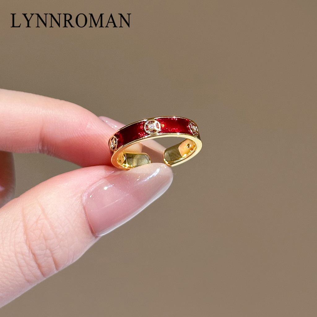 LYNNROMAN Nhẫn Đồng Men Đỏ Đồng Xu Nữ Cao Cấp Ánh Sáng Sang Trọng Tinh Tế Thời Trang Sang Trọng Mở C