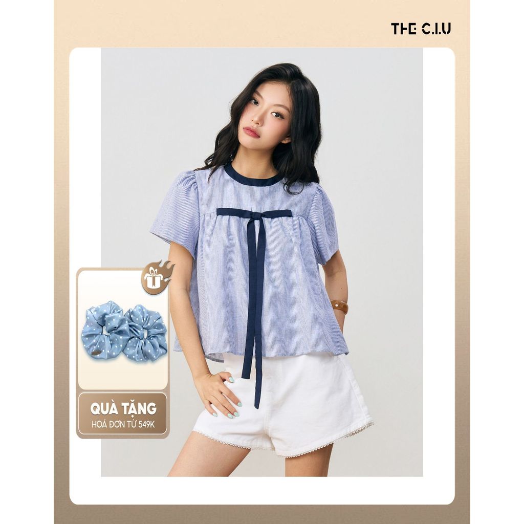 Áo kiểu babydoll  THE C.I.U, áo kiểu nữ sọc viền bo cổ tay phồng phối nơ– Winnie Top