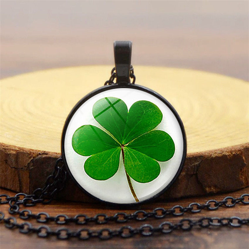 Lucky Bốn Lá Cỏ Ba Lá Thời Gian Đá Quý Vòng Cổ Retro Đen Đĩa Tròn Mặt Dây Chuyền Ireland St. Phụ kiệ