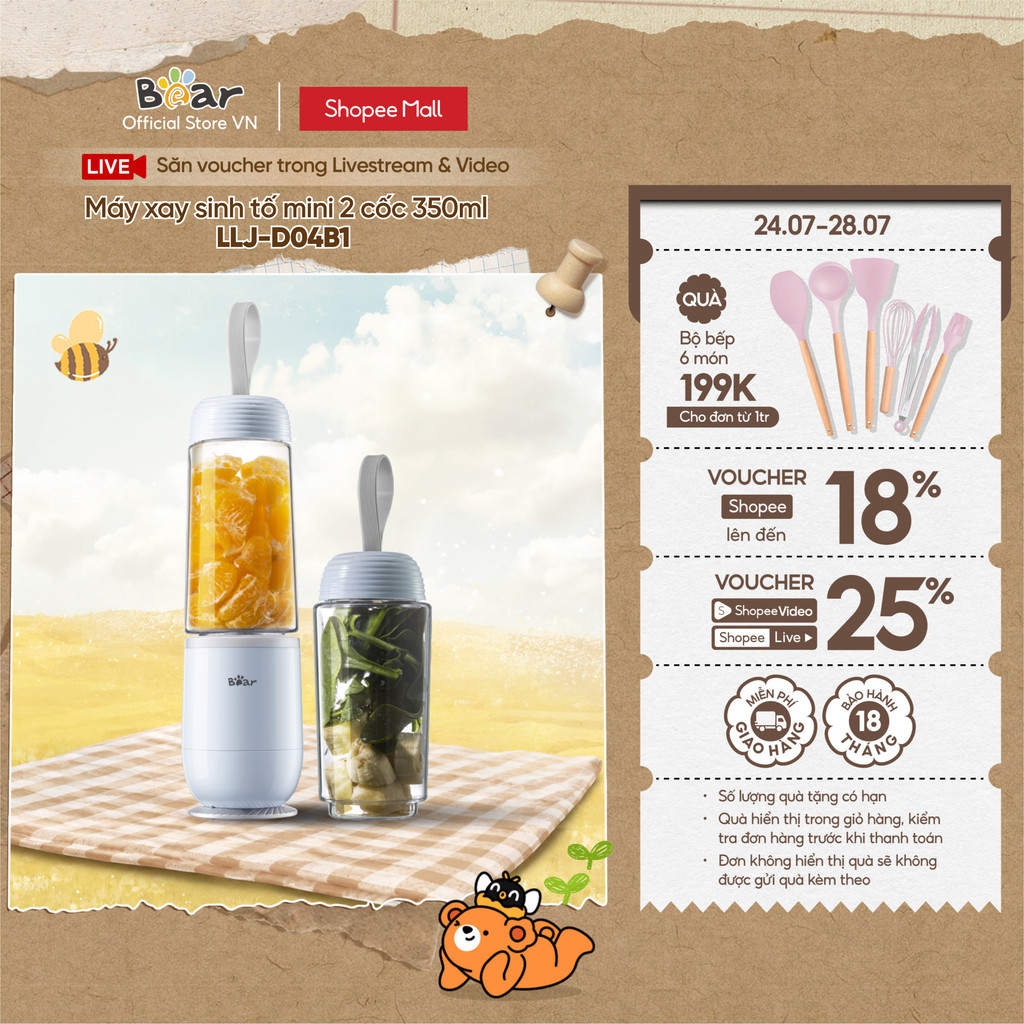 Máy Xay Sinh Tố Mini Cầm Tay Bear LLJ-D04B1, 2 Cốc x 350ML - Chính Hãng - BH 18 Tháng