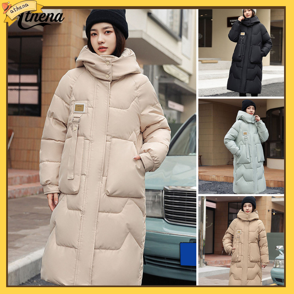 [Ath]Áo khoác Cotton nữ mùa đông Áo khoác có thể tháo rời Bảo vệ cổ Túi dài tay đến đầu gối Dây kéo 