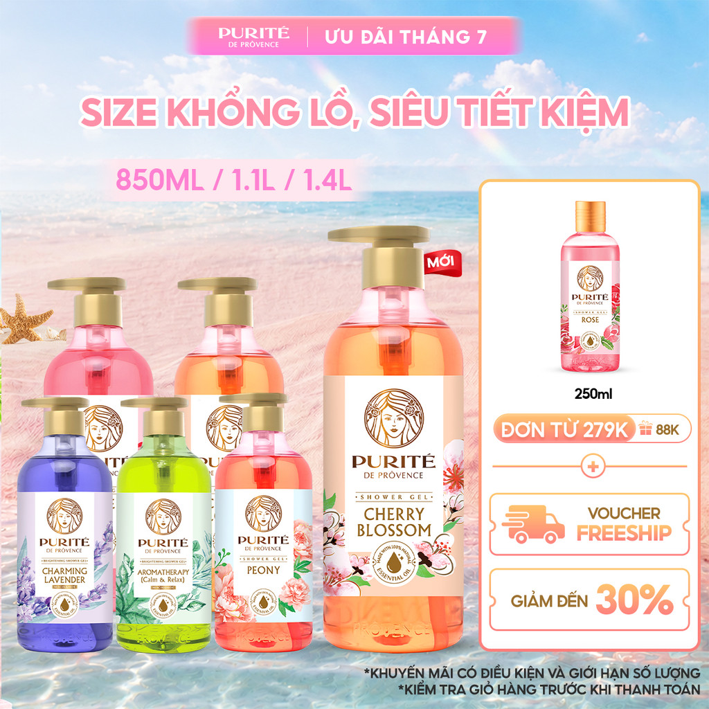 [SVIP] [CÓ SIZE TO 1.4L] Sữa Tắm PURITÉ Hoa Anh Đào/Hoa Hồng/Hoa Oải Hương/Hoa Mẫu Đơn/Tinh Dầu Thơm