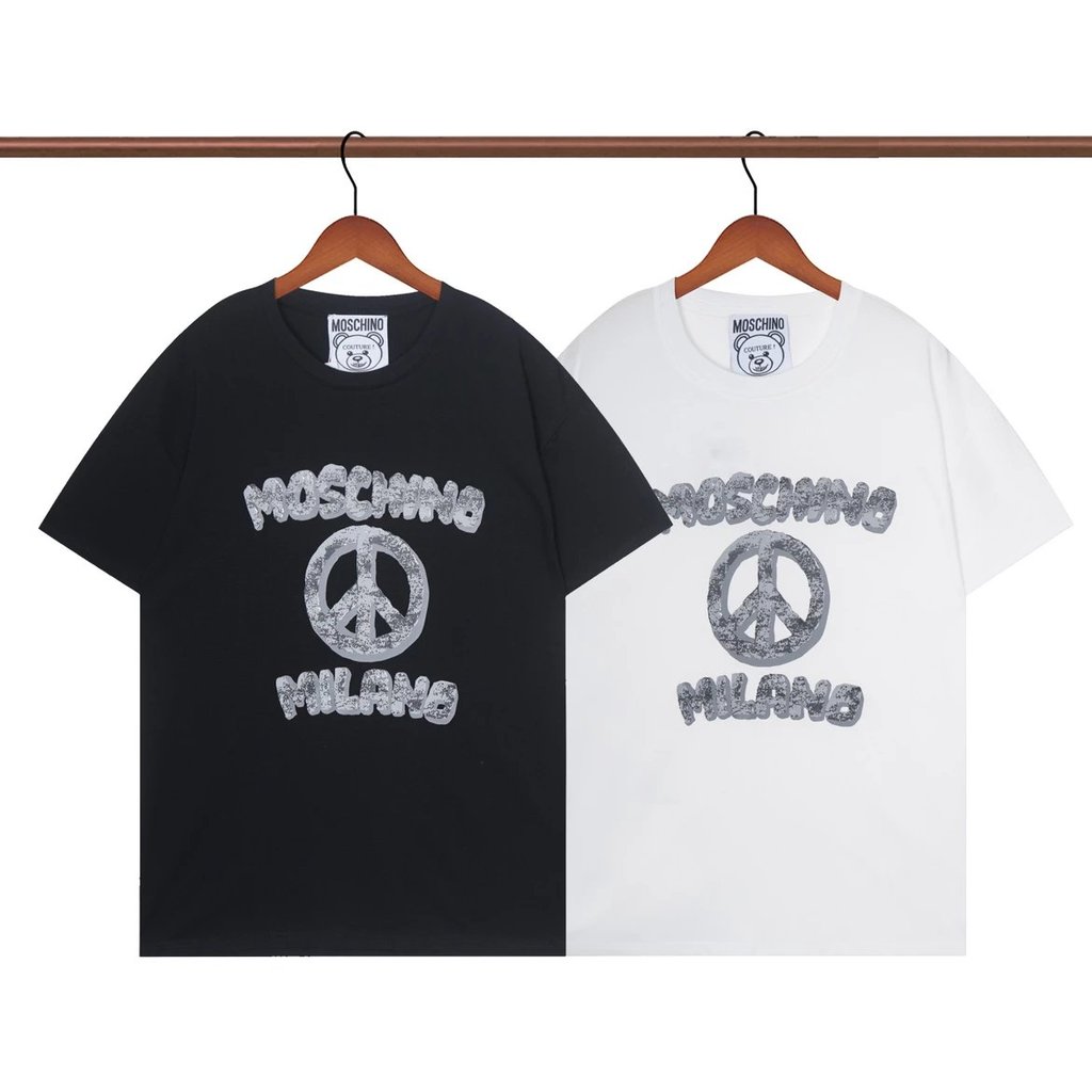MOSCHINO Phong Cách Mới 230g Dây Đôi 32 Đếm Sợi Đôi Vải Cotton Nguyên Chất Áo Thun Tay Ngắn