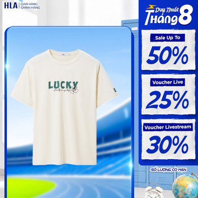 [GIẢM 50%] Áo thun nam HLA tay ngắn màu kem logo in Lucky everyday co giãn thấm hút mồ hôi