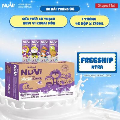 Thùng 48 Hộp NuVi Thức Uống Sữa Tươi Tiệt Trùng Vị Khoai Môn Có Thạch 170ml