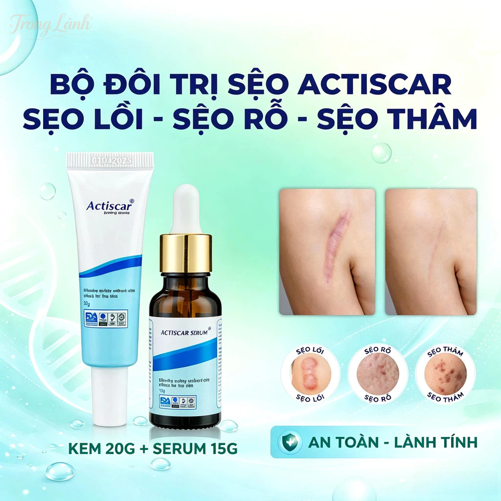 Actiscar Kem Và Serum Sẹo  Hỗ Trợ Làm Mờ Sẹo Lồi, Lõm, Rỗ, Sẹo Phẫu Thuật, Sẹo Thâm Lâu Năm, Sẹo Bỏn