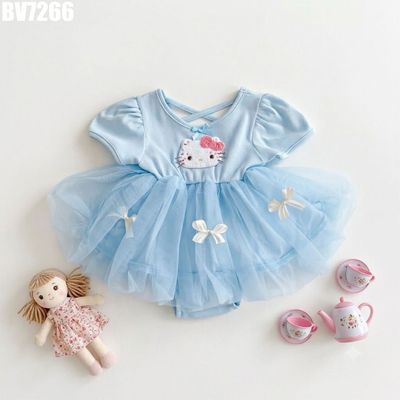 Body Liền Váy Tutu Bé Gái Xanh Da Trời Tay Phồng Đính Hình Mèo Và Nơ Nổi MINTSCLOSET BV7266