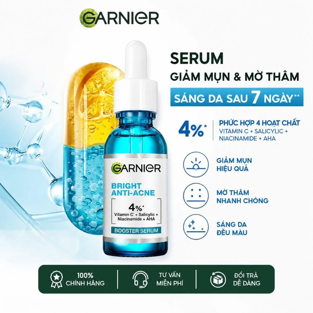 Mới Garnier Bright Complete Anti-Acne Booster Serum 4% Niacinamide BHA AHA Vitamin C 30ml