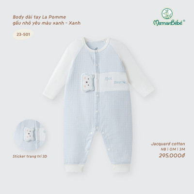 Body dài tay La Pomme gấu nhỏ yêu màu xanh - Sợi Jacquard Cotton thoáng khí - Bé trai - NB - 3M