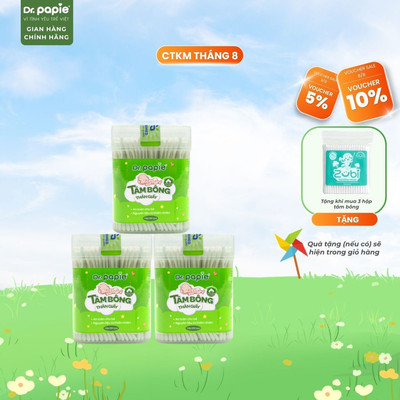 Combo 3 Tăm Bông Đầu Tròn 100% Cotton Siêu Mềm, Vệ Sinh Mắt Tai Mũi Rốn, Thân Giấy Bảo Vệ Môi Trường Dr.Papie (280c/hộp)