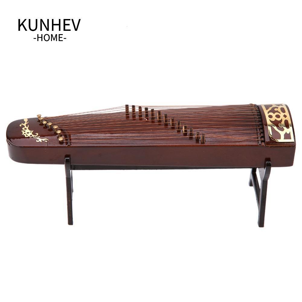 KUNHEV Mô hình Guzheng thu nhỏ, Tượng Guzheng Trung Quốc di động màu nâu, Trang trí bằng gỗ Mini Guz