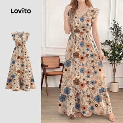 (New Arrival) Lovito Đầm Nữ Mùa Xuân/Hè Thanh Lịch Viền Ren Họa Tiết Ruffle LK7ED1405