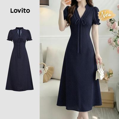 (New Arrival) Lovito Váy thanh lịch xếp ly xuân hè cho nữ màu đen trắng DRK8P1D734