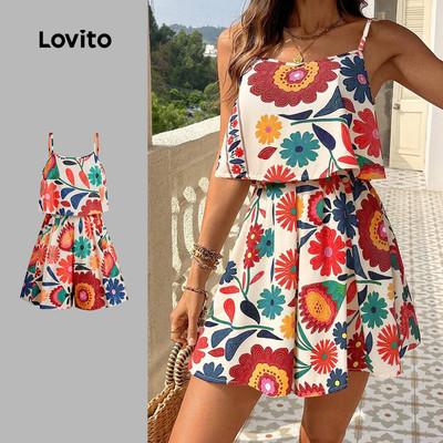 Lovito Kỳ nghỉ Jumpsuit nhún thun xếp nếp hở vai mùa xuân/hè cho nữ LBL32077