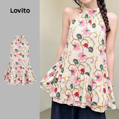 (New Arrival) Lovito Áo thun nữ hoa nhí dáng rộng phong cách mùa xuân/hè LK7ED357
