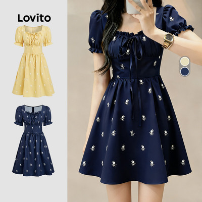 Đầm Lovito cột dây xếp nếp mùa xuân/hè màu xanh navy phong cách thường ngày cho nữ LBL33053