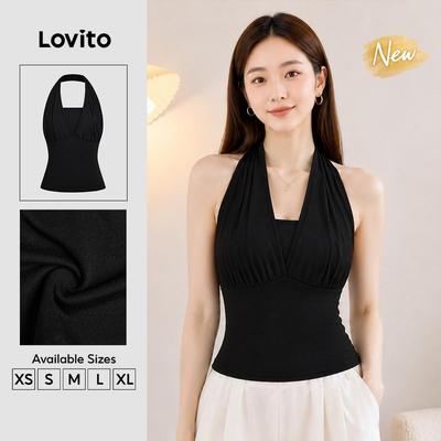 (New Arrival) Lovito Áo casual giả 2 trong 1 kiểu dáng đơn giản cổ điển đa năng màu đen mùa xuân/hè cho nữ TKB202P2D231
