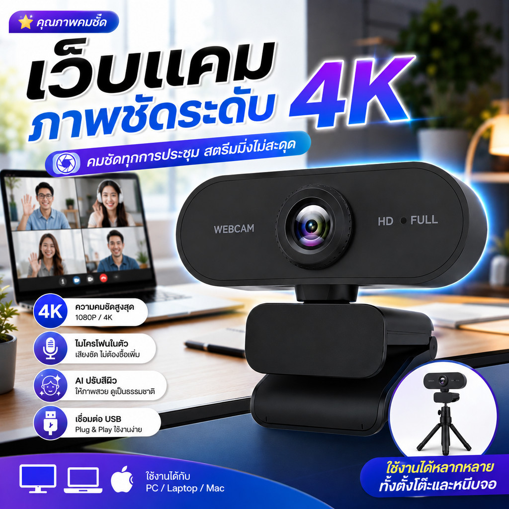 Webcam 4K 30FPS 1080P 60FPS Tích hợp Micro AI Hình ảnh sắc nét Sử dụng với Zoom Google Meet Teams