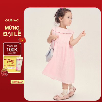 Đầm Bé Gái GUMAC Form A Suông Cổ Cánh Sen Bèo Nhún Vải Xô Thêu Mềm Xinh Xắn DKG04035