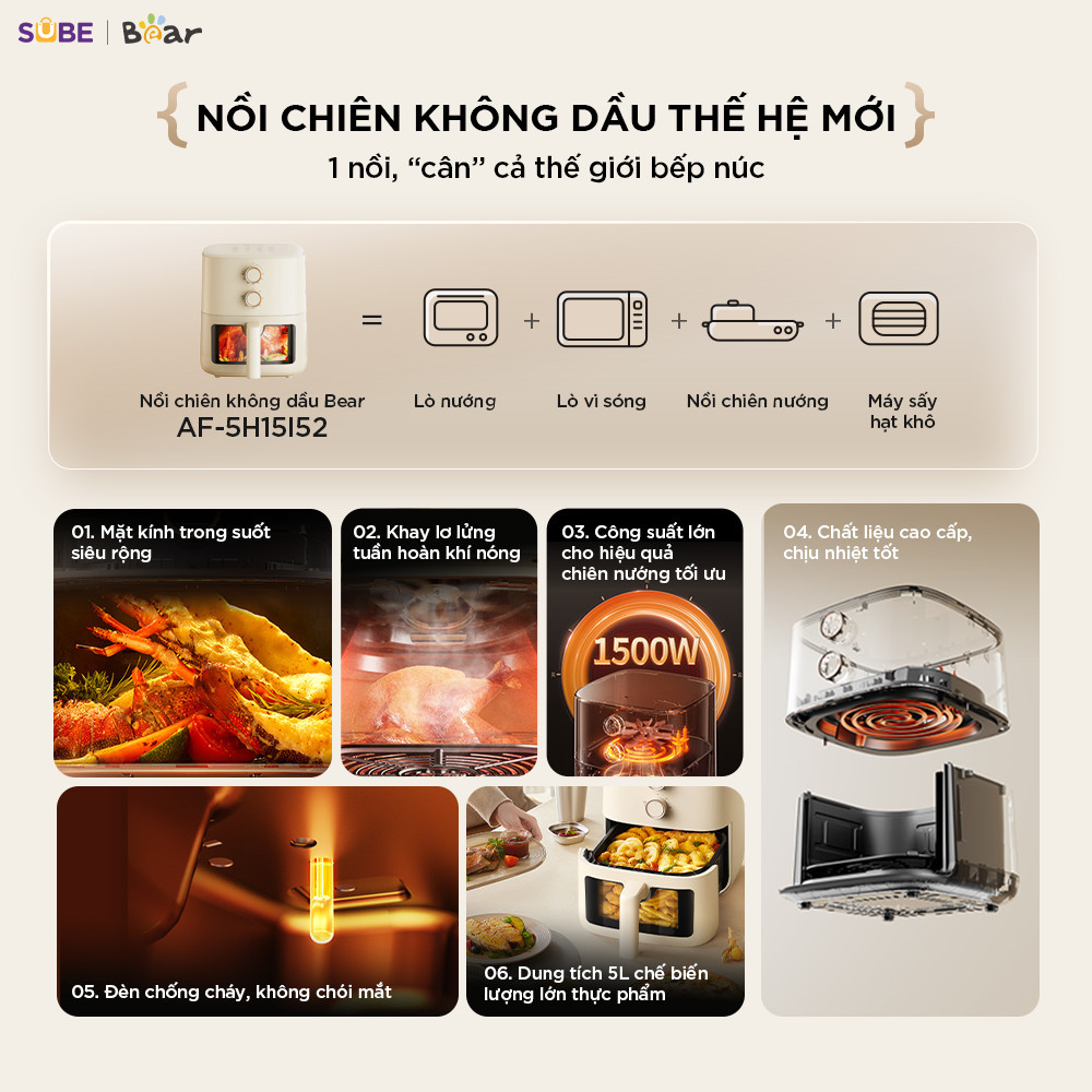 ✨ [HN-Hỏa Tốc] Nồi Chiên Không Dầu BEAR 5L Lò Nướng Chiên Hơi Nước Nướng Bánh AF-5H15I52