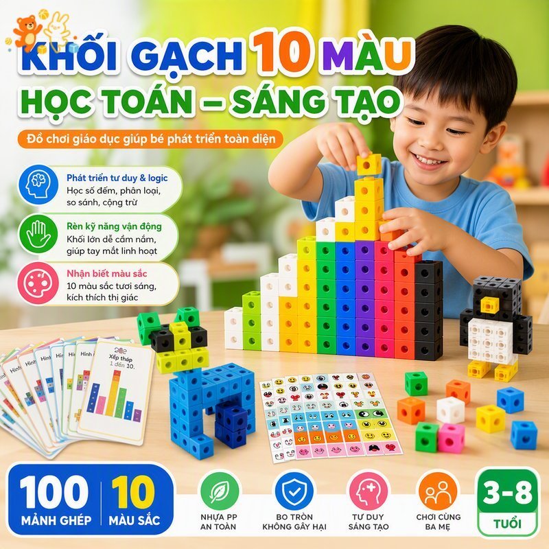 Numberblocks Bộ Khối Học Toán 100 Miếng Size Lớn 10 Màu 3D Tư Duy Không Gian