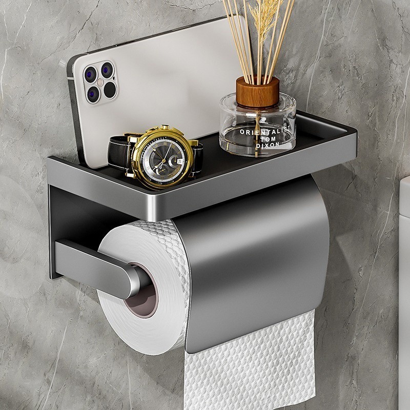 Aluminum Toilet Paper Holder With Phone Rack Wall Mounted No Drill Roll Paper Holder Bathroom Storag