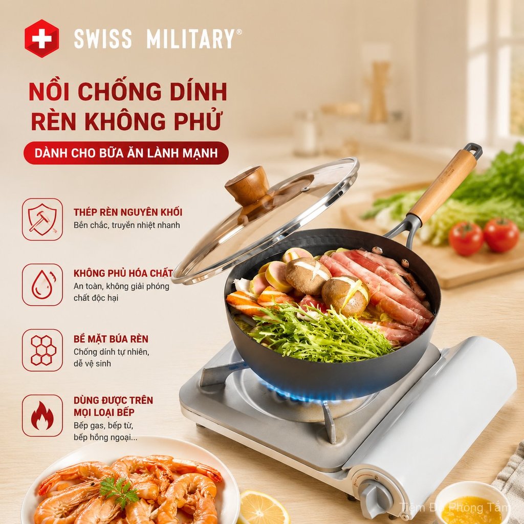 Nồi chống dính Swiss Military búa rèn không lớp phủ, nấu cháo cho bé xào nấu bền đẹp