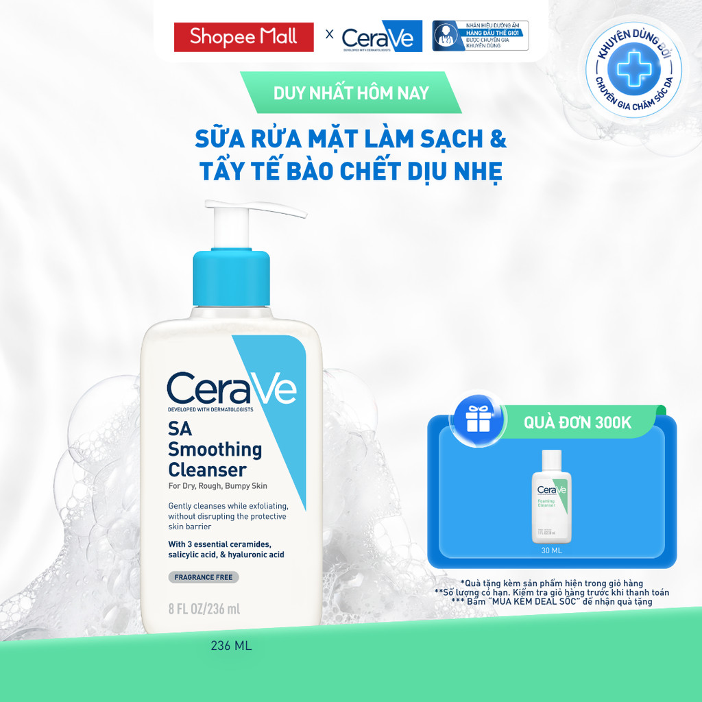 Sữa rửa mặt làm sạch da, loại bỏ dầu thừa và tẩy tế bào chết dịu nhẹ không gây khô da CeraVe SA Smoothing Cleanser 236ML