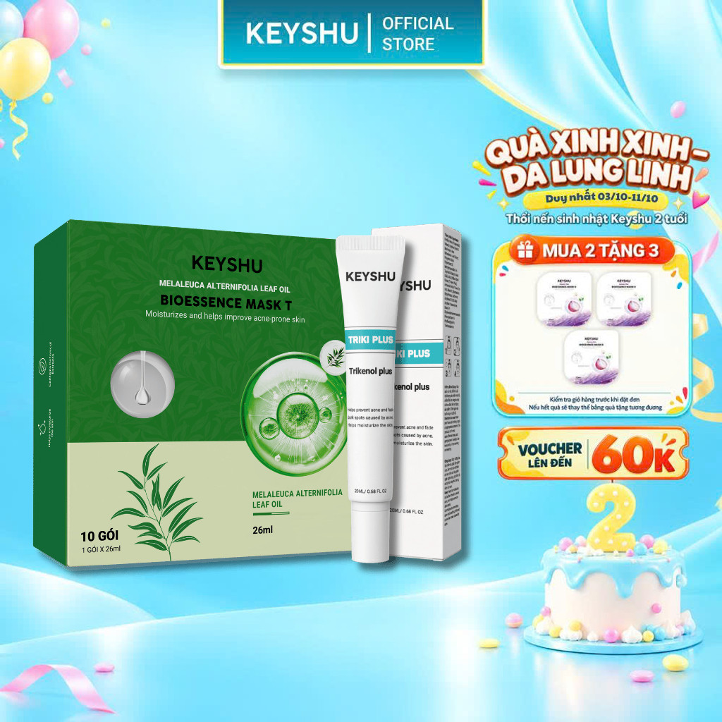 Combo Chăm Da Mụn KEYSHU Gồm 1 Hộp Mặt Nạ Tràm Trà Dưỡng Ẩm Và 1 Tuýp Gel Chấm Mụn Triki Plus Giúp Gom Cồi Giảm Sưng20ml