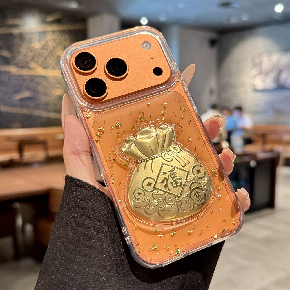 Túi May Mắn 3D GoldFoil Nhựa Ốp Lưng Điện Thoại iPhone 17 Pro Max 16 15 14 13 Vỏ Bảo Vệ Chống Sốc