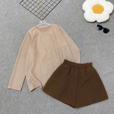 Set Đồ Bộ Bigsize Nữ Áo Thun Tay Dài Kèm Quần Đùi Ngắn Mặc Mát Thoải Mái Cho Chubby A312+Q500