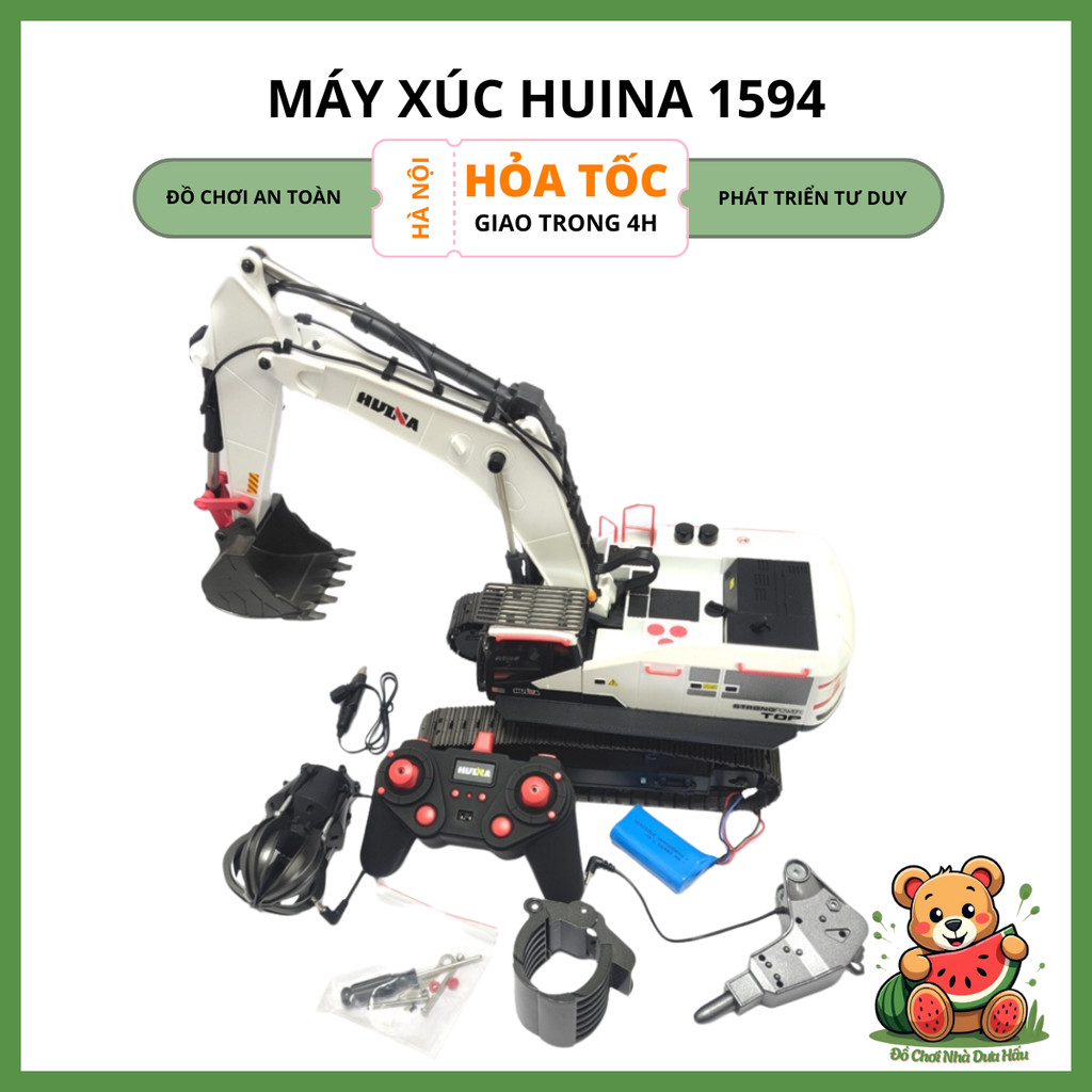 Máy Xúc Điều Khiển Từ Xa Huina 1594 Cao Cấp – Phiên Bản Hợp Kim 22 Kênh, Tỷ Lệ 1:14 Trục Vít, Bánh X