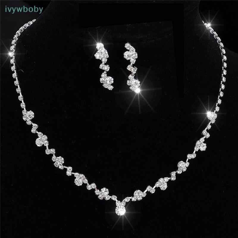 [IVY] Bộ Bông Tai Pha Lê Phù Dâu Bạc Trang Sức Cưới Cô Dâu Trang Sức TỐT