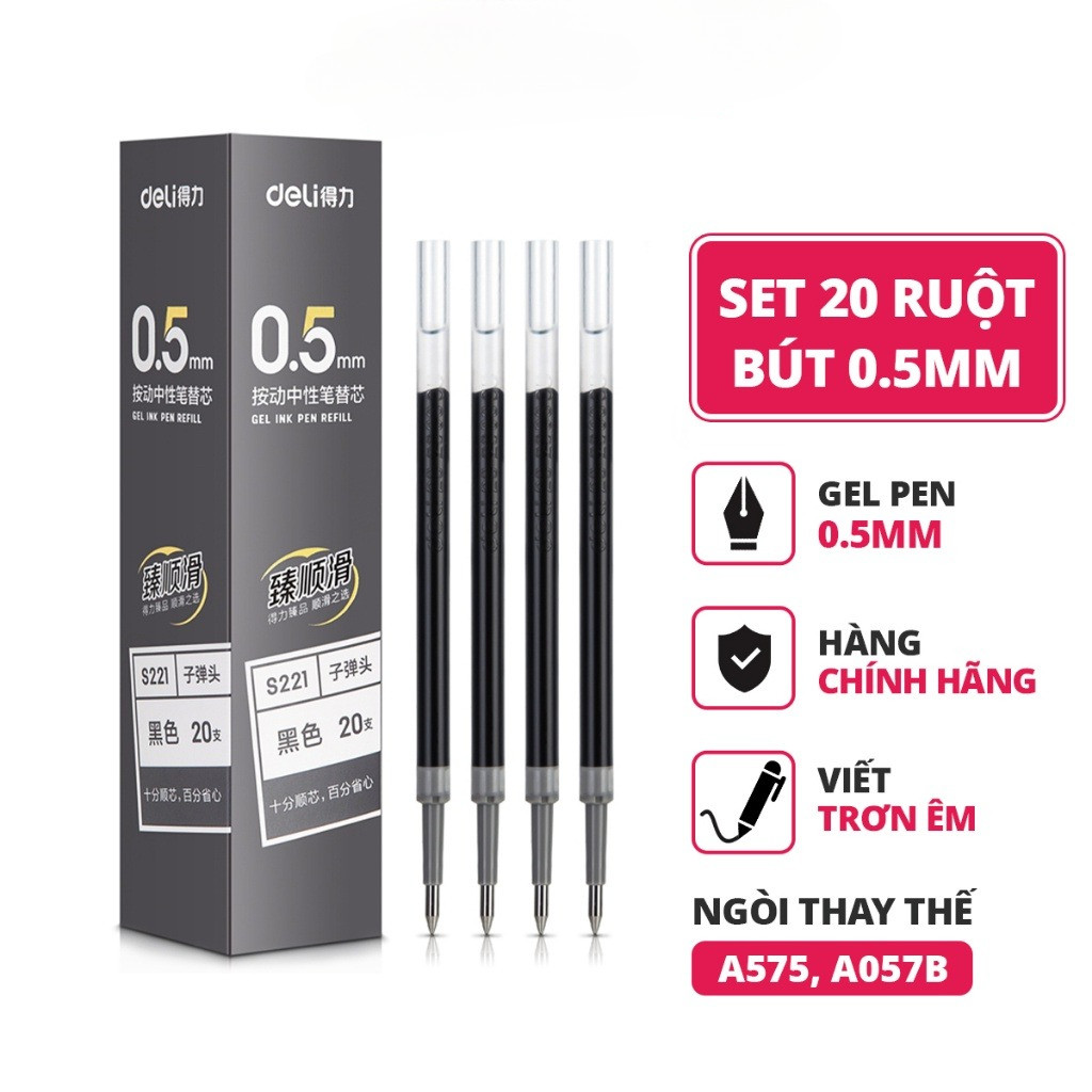 Combo 10/20 Ruột Bút Gel  Ngòi Gốc A575 Deli 0.5mm Dùng Cho Bút Bi Bước A575 A057B Nhanh Khô
