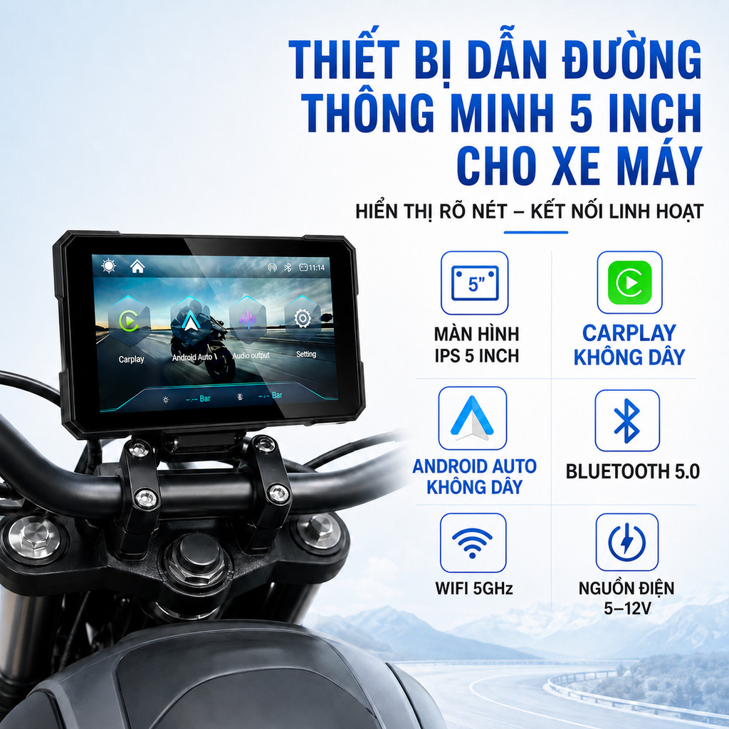 Màn hình xe máy 5 inch, màn hình CarPlay, màn hình Android Auto, màn hình IPS WiFi 5GHz TPMS cho hàn