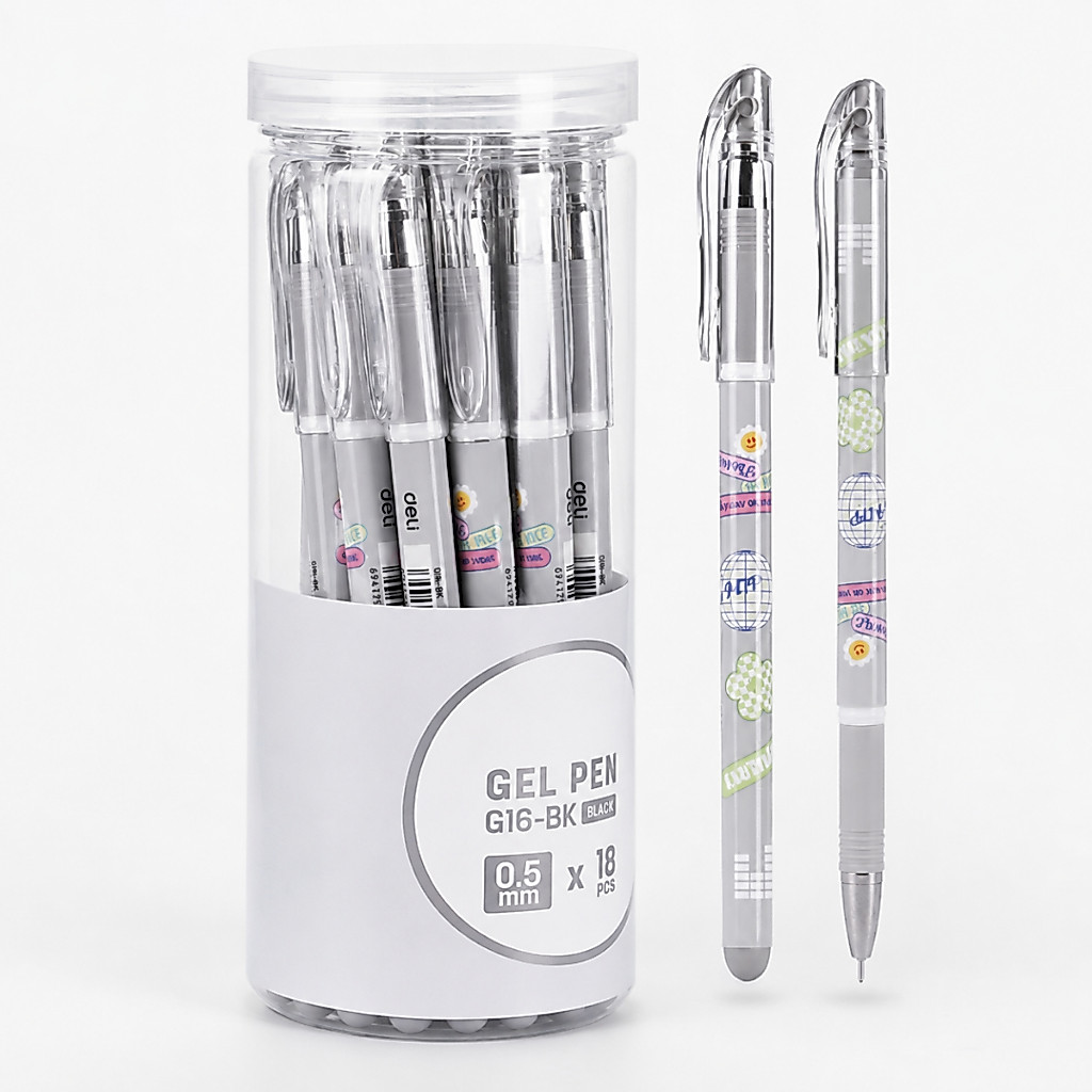 [Combo 12 cây] Bút gel đen Deli G16-BK 0.5mm có đệm chống trượt, khô siêu nhanh, không bị lem luốc