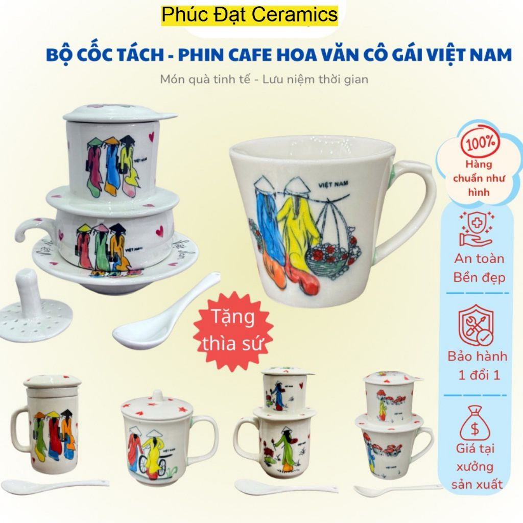 Bộ Cốc Tách - Phin Cafe Hoa Văn Cô Gái Việt Nam | Gốm Bát Tràng -Cốc Uống Trà Có Nắp |Quà Tặng Lưu N