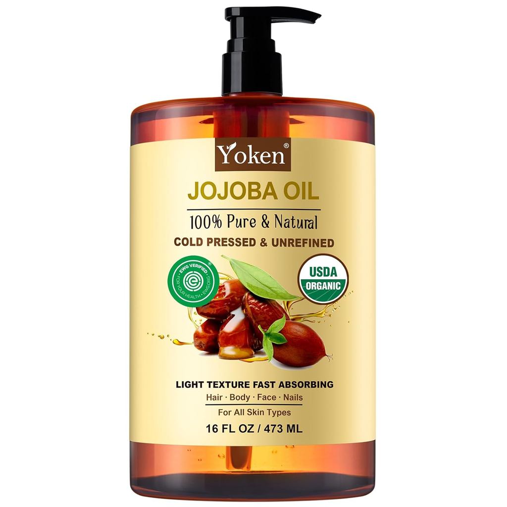 Dầu Jojoba nguyên chất hữu cơ USDA Certif 16 fl oz, Dầu Jojoba cho tóc, mặt, ép lạnh chưa tinh chế, 