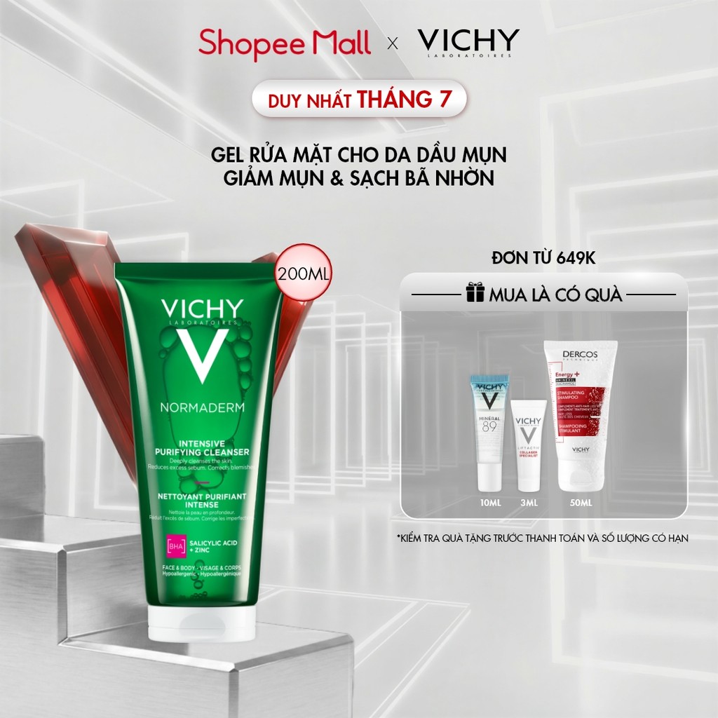 Sữa rửa mặt dạng gel làm sạch sâu giảm bã nhờn Vichy Normaderm Intense Purifying Cleanser 200ml