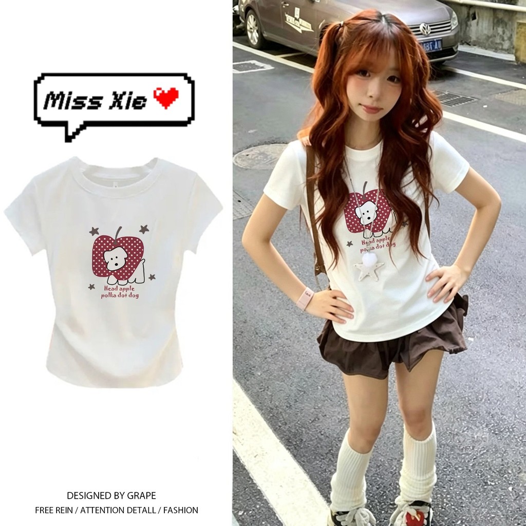 COD✅(Hồ Chí Minh) 🚚Miss shop Short sleeve tee nữ in polka dot apple puppy graphic áo thun nữ phong c