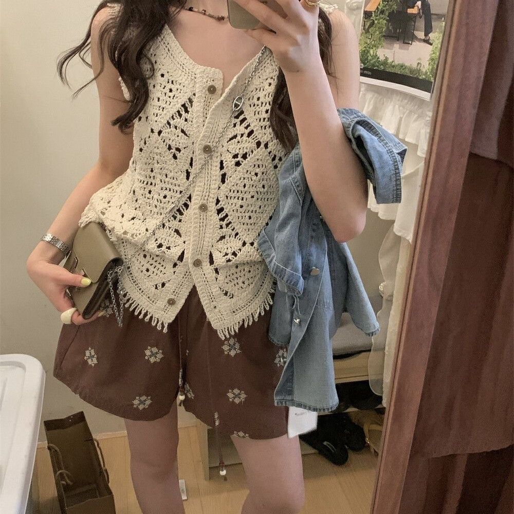 Retro Fringe Openwork Ren-up Đan Áo Vest Thời Trang Nữ Đa Năng Đơn Hàng Nút Cổ Chữ V Top