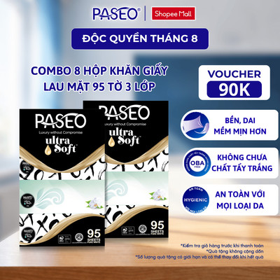 [Combo 8 Hộp] Khăn Giấy Lau Mặt PASEO 95 Tờ/Hộp Mềm Mịn Phù Hợp Cho Da Nhạy Cảm–Ultra Soft Hypo-Allergenic (4 Hộp/Lốc)