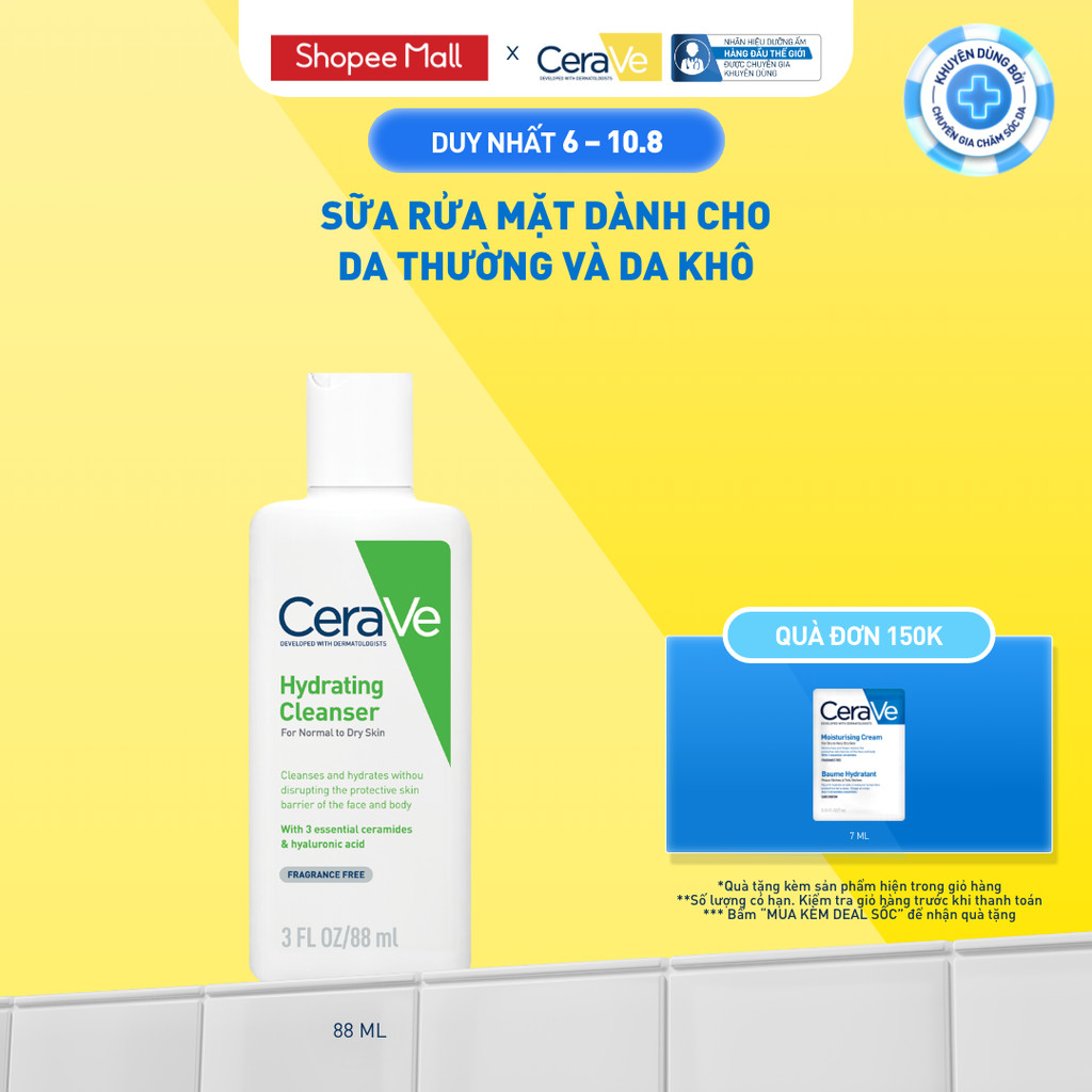 Sữa rửa mặt giúp làm sạch sâu dành cho da thường và da khô Cerave Hydrating Cleanser 88ML