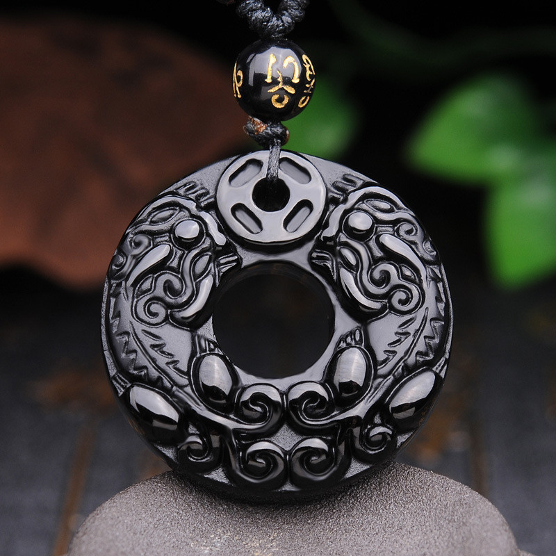 Obsidian Bán Buôn Tự Nhiên Obsidian Đôi Pixiu Mặt Dây Chuyền Khóa An Toàn Obsidian