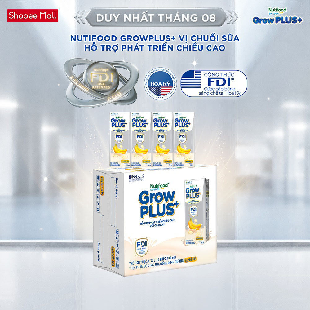 [LIVESTREAM KOL] Thùng 24 hộp Sữa bột pha sẵn Nutifood Sweden GrowPLUS+ Vị Chuối Sữa hộp 180ml (24 x