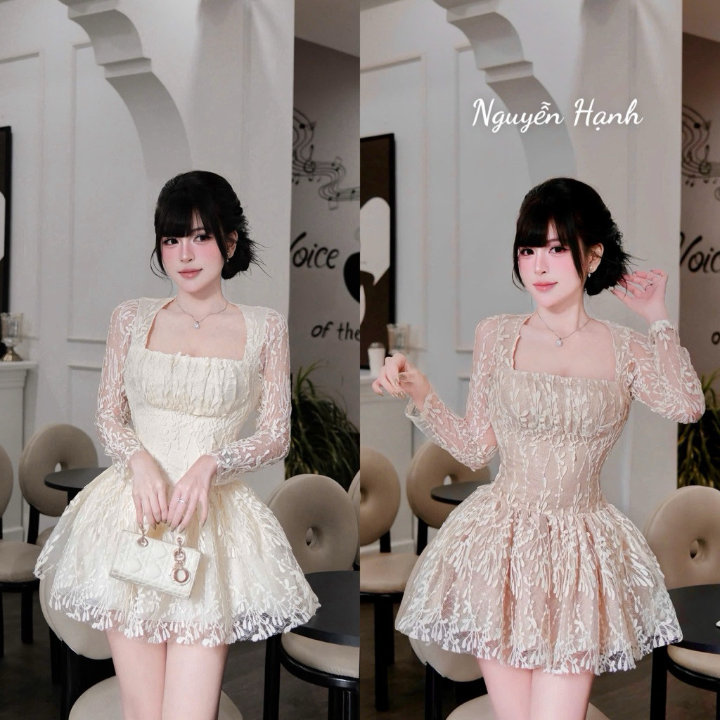 ĐẦM REN TAY DÀI CỔ VUÔNG XOÈ BYJOLIE