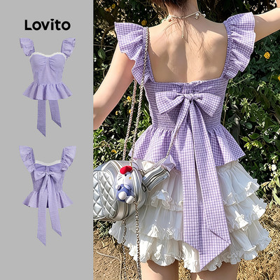 (New Arrival) Lovito Áo Blouse Thông Thường Họa Tiết Nơ Tinh Tế Mùa Xuân/Hè Tím Dành Cho Nữ LK7ATD135
