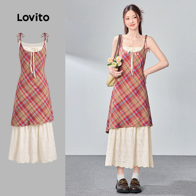 Lovito Đầm Midi Màu Đỏ Mùa Hè/xuân Dành Cho Nữ Chất Liệu Cotton Kẻ Caro Thêu Giả Kiểu Dáng 2 Trong 1 Có Dây Buộc Vai Điều Chỉnh Được Viền Ren Đầm Có Thể Mặc Hàng Ngày LR11AD070